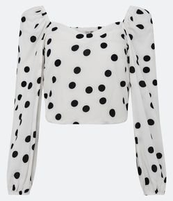 Blusa Cropped em Viscose com Manga Longa e Estampa Poá