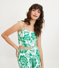 Blusa Cropped em Linho com Detalhe em Corda e Estampa Floral