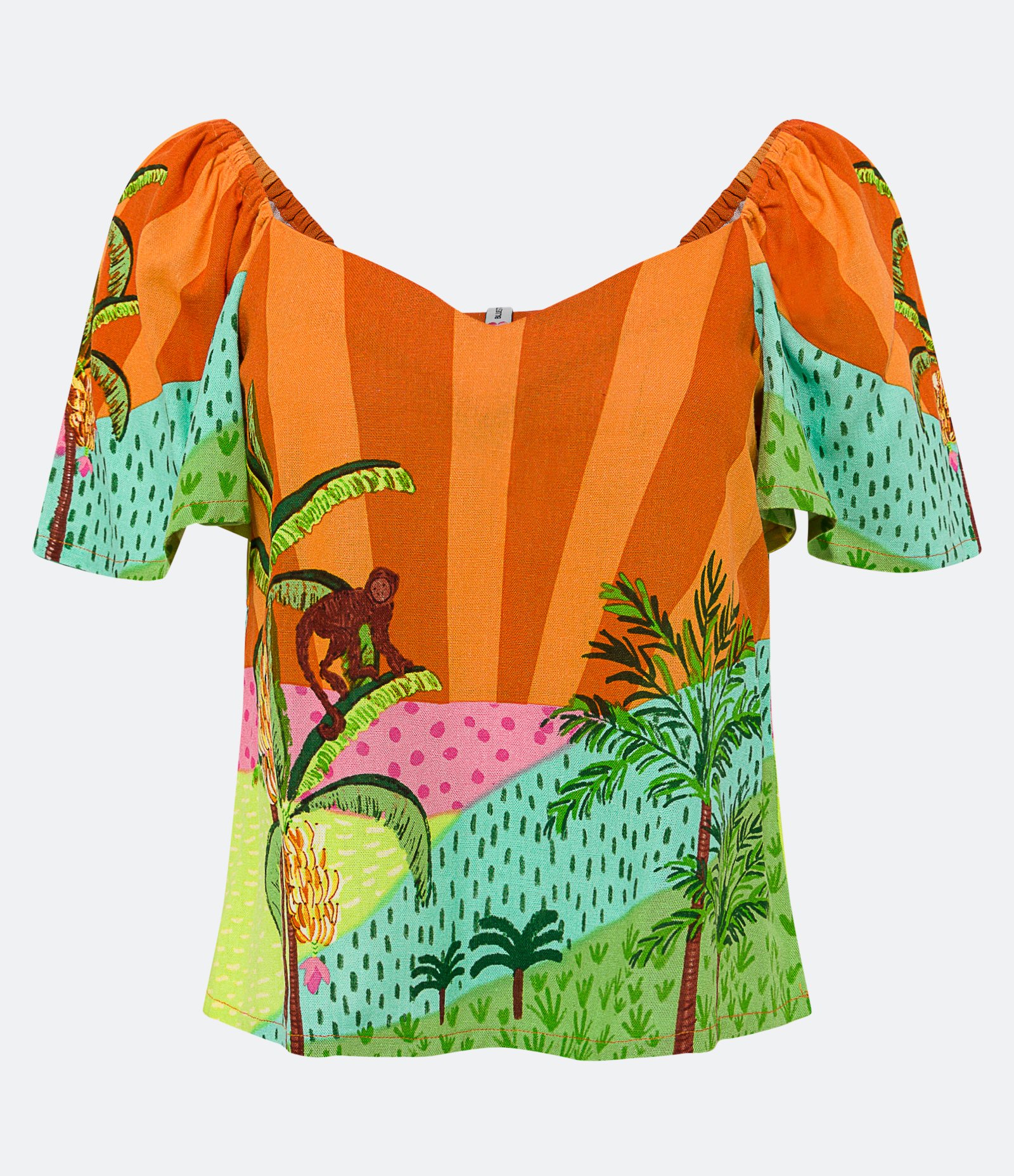 Blusa em Linho com Manga Ampla e Estampa Tropical Laranja 5