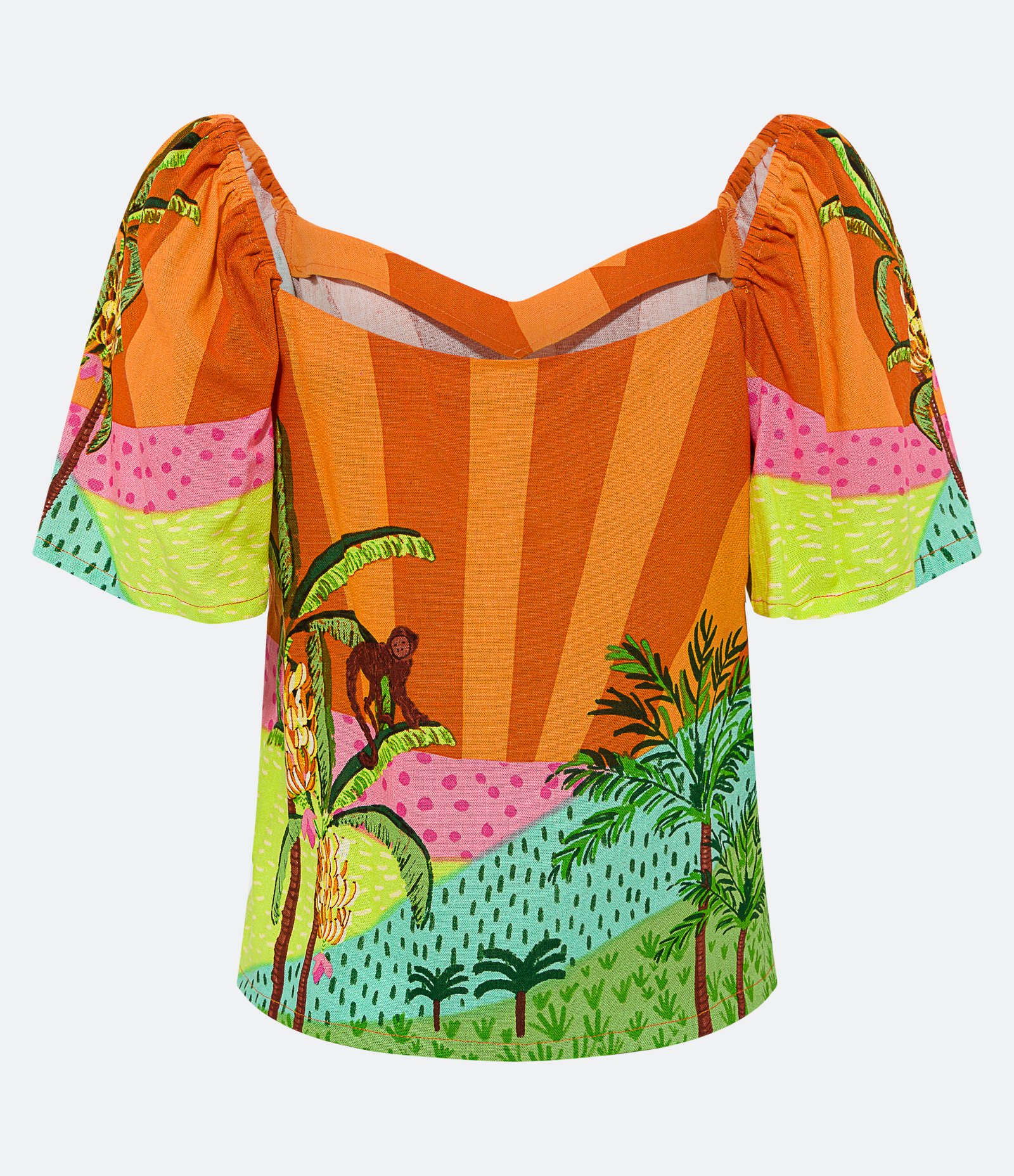 Blusa em Linho com Manga Ampla e Estampa Tropical Laranja 7