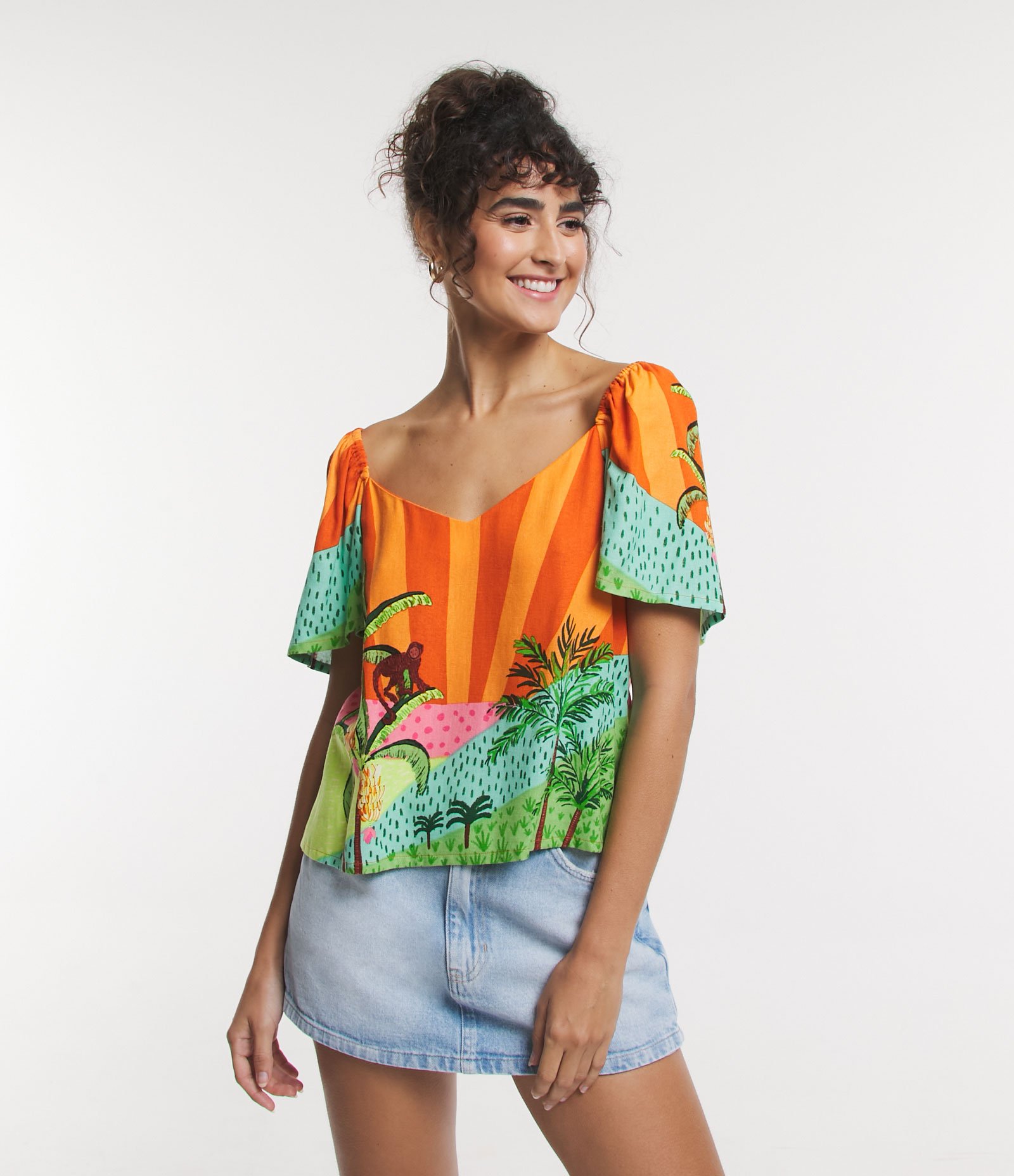 Blusa em Linho com Manga Ampla e Estampa Tropical Laranja 1