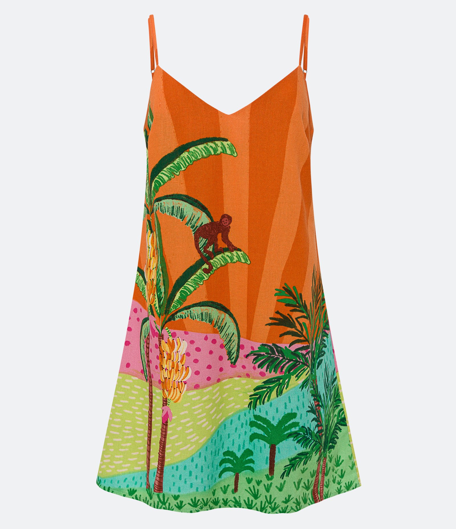 Vestido Curto em Linho com Estampa Tropical Laranja 5