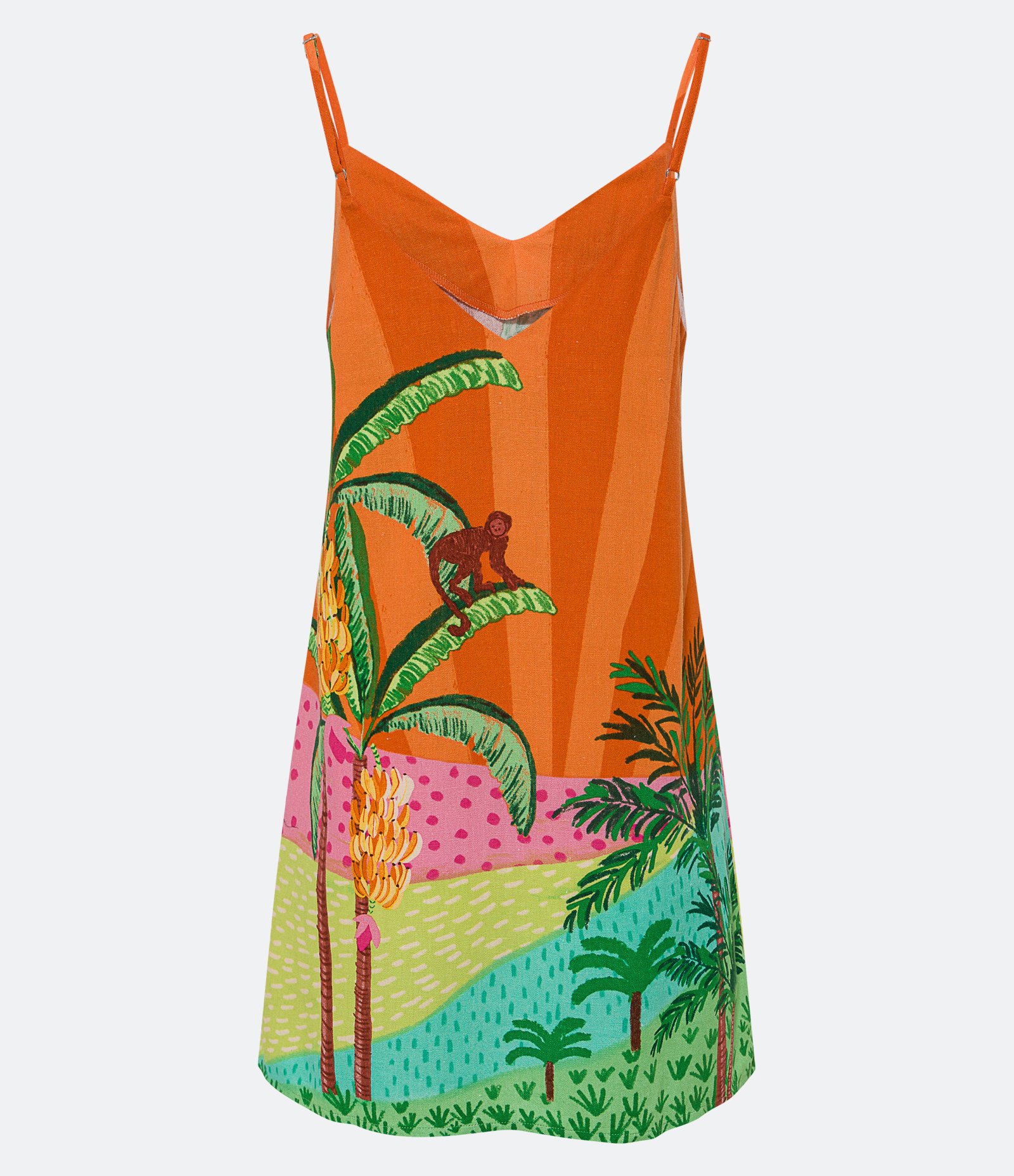 Vestido Curto em Linho com Estampa Tropical Laranja 7