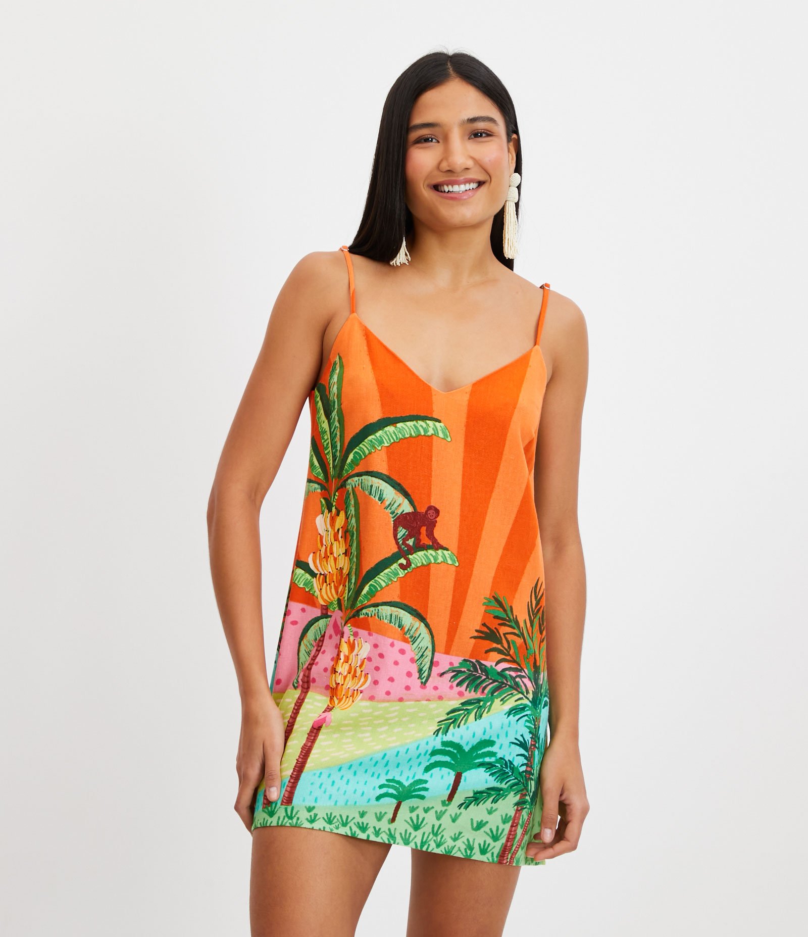 Vestido Curto em Linho com Estampa Tropical Laranja 1