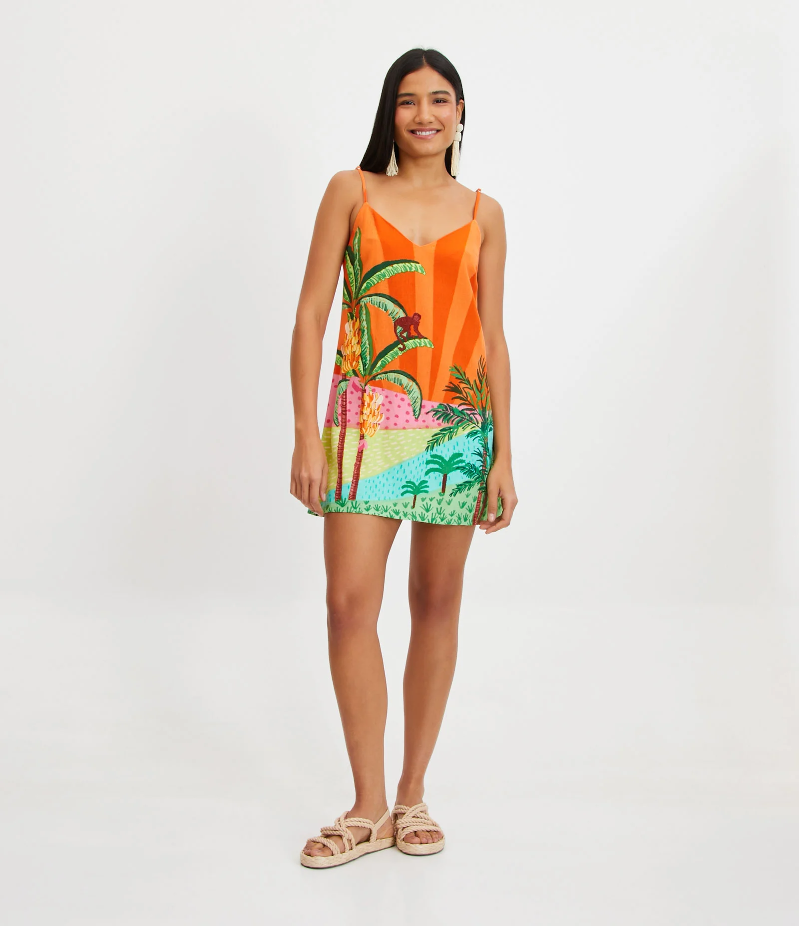 Vestido Curto em Linho com Estampa Tropical Laranja 2