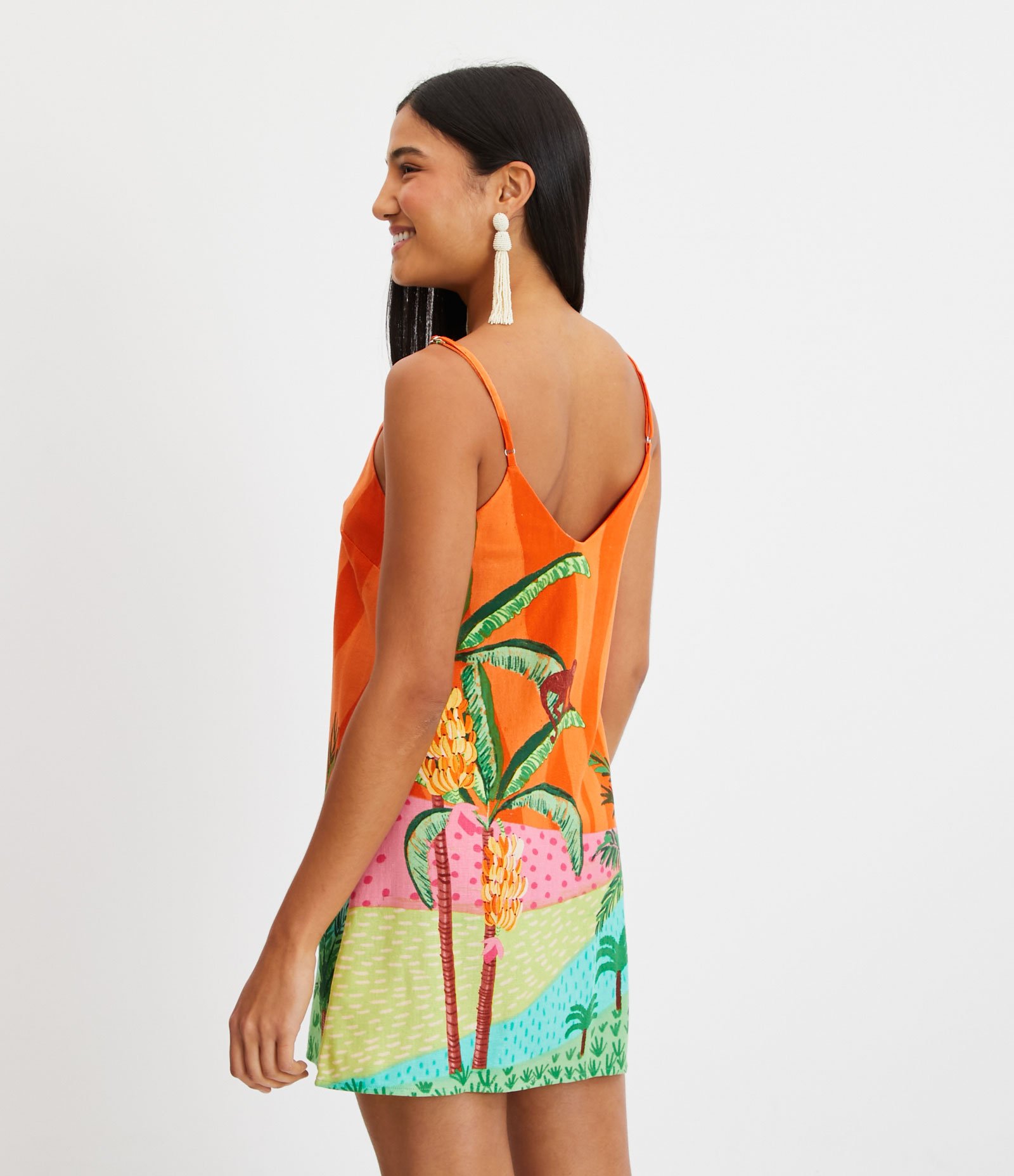Vestido Curto em Linho com Estampa Tropical Laranja 3
