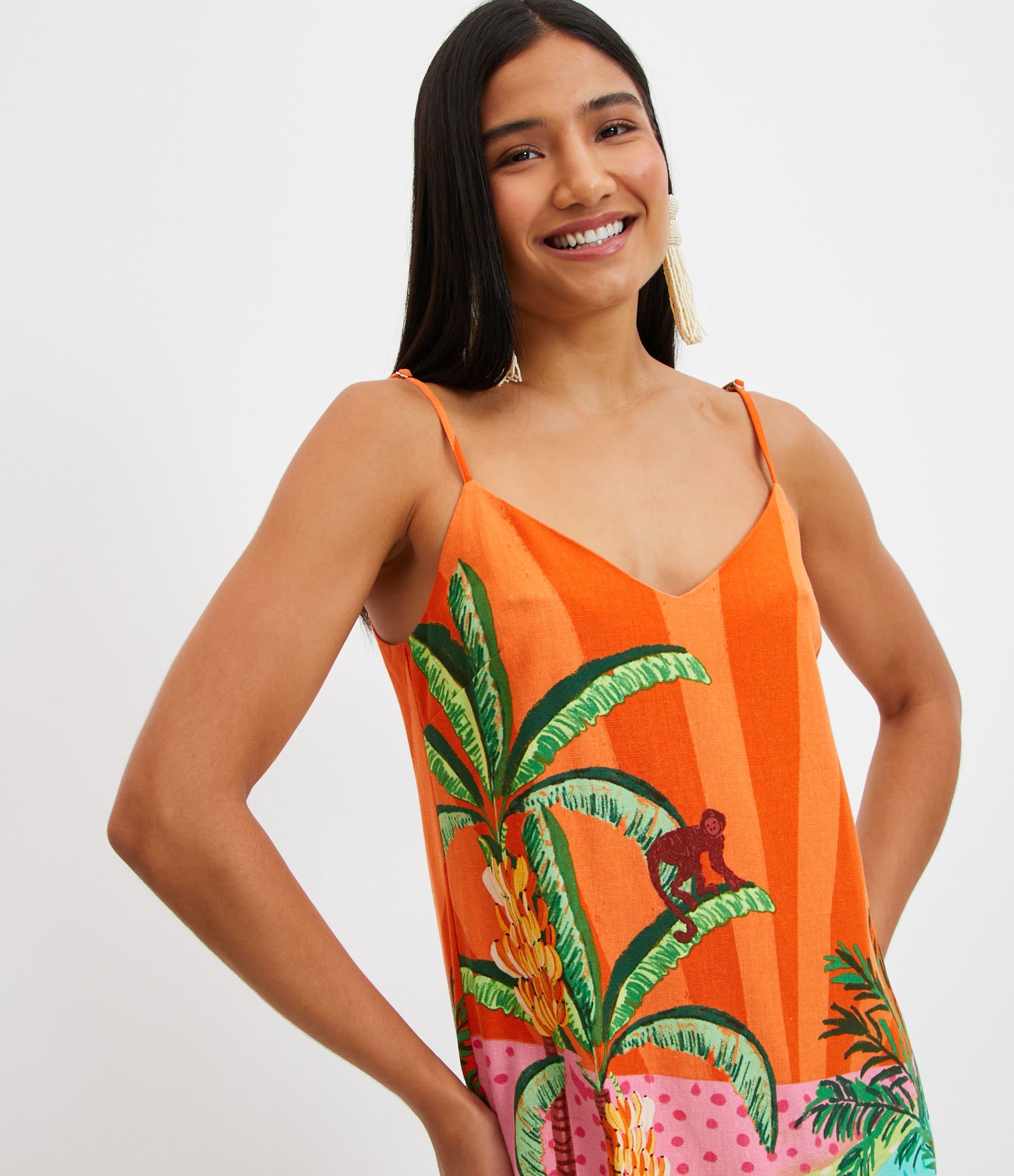 Vestido Curto em Linho com Estampa Tropical Laranja 4