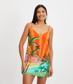 Vestido Curto em Linho com Estampa Tropical