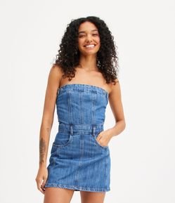 Vestido Tomara que Caia Jeans com Bolsos e Fechamento em Zíper