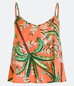 Blusa de Alça em Linho com Estampa de Folhagens Tropicais