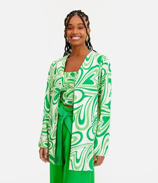 Kimono Alongado em Linho com Estampa de Corações Psicodélicos Verde 2