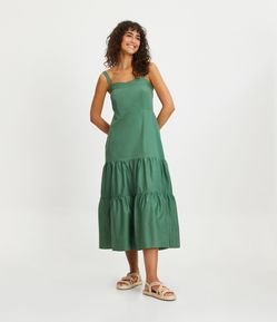 Vestido Longo de Alça em Tricoline com Barra com Pregas