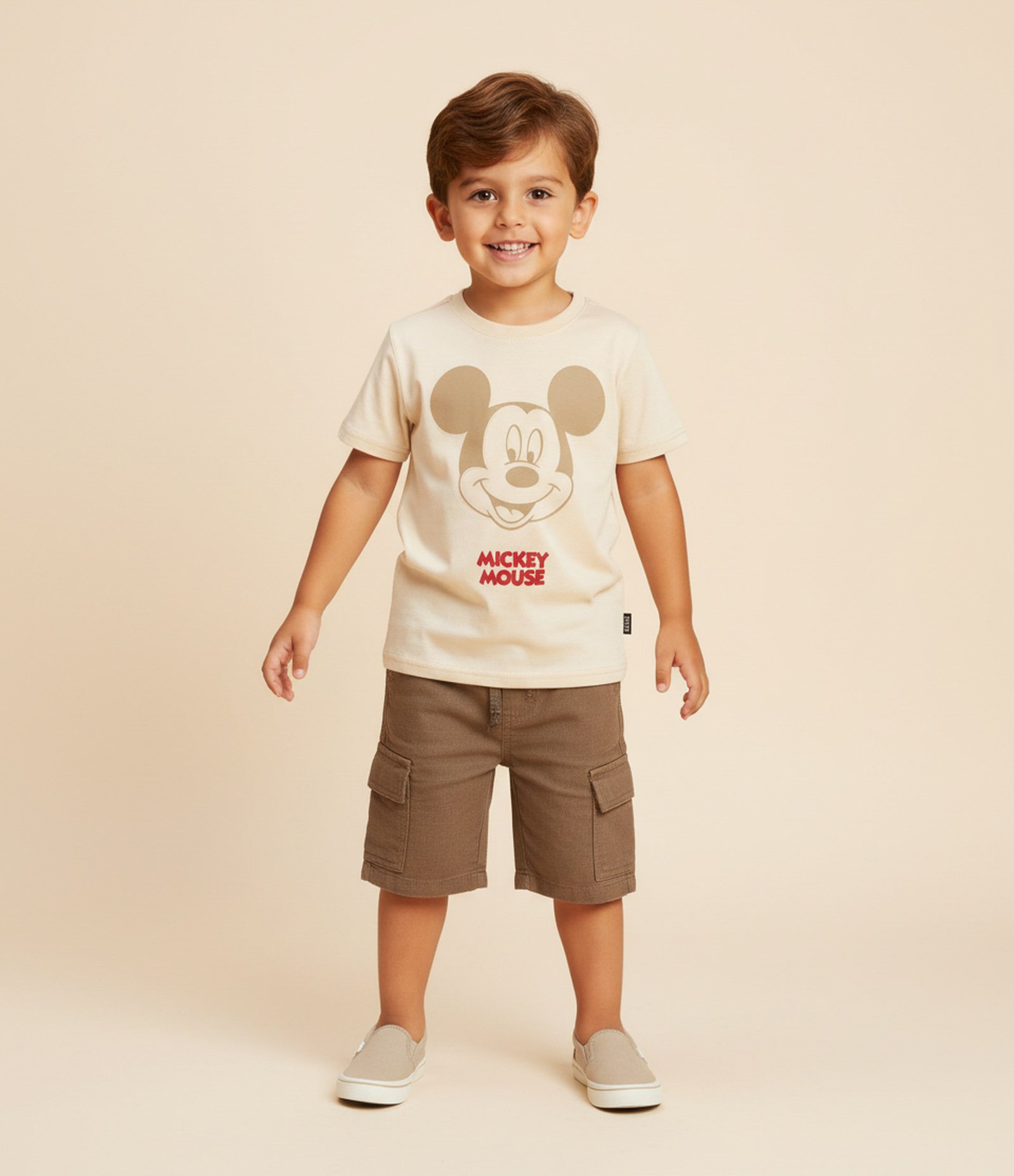 Camiseta Infantil com Estampa em Relevo Mickey Mouse - Tam 1 a 5 Anos Bege 1