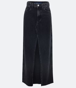 Saia Longa em Jeans com Bolsos e Fenda Frontal