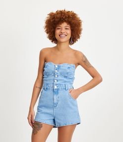 Macaquinho Tomara que Caia Jeans com Decote Coração