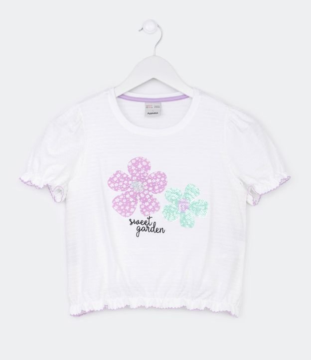 Blusa Infantil com Textura de Pontinhos e Estampa Flores de Paetês - Tam 5 a 14 Anos - Cor: Branco - Tamanho: 13-14