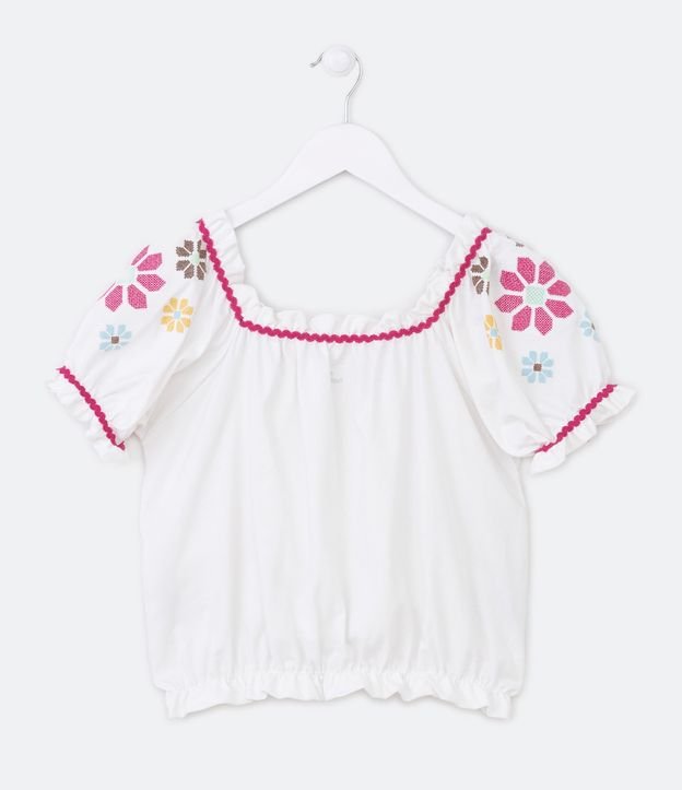 Blusa Infantil con Detalle en Zigzag y Flores Bordadas en los Hombros - Talle 5 a 14 años Blanco 1
