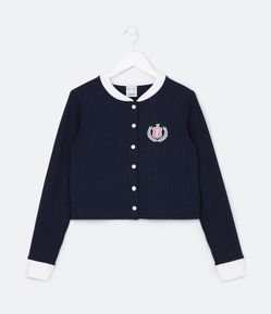 Cardigan Infantil Canelado com Bordado de Brasão - Tam 5 a 14 Anos