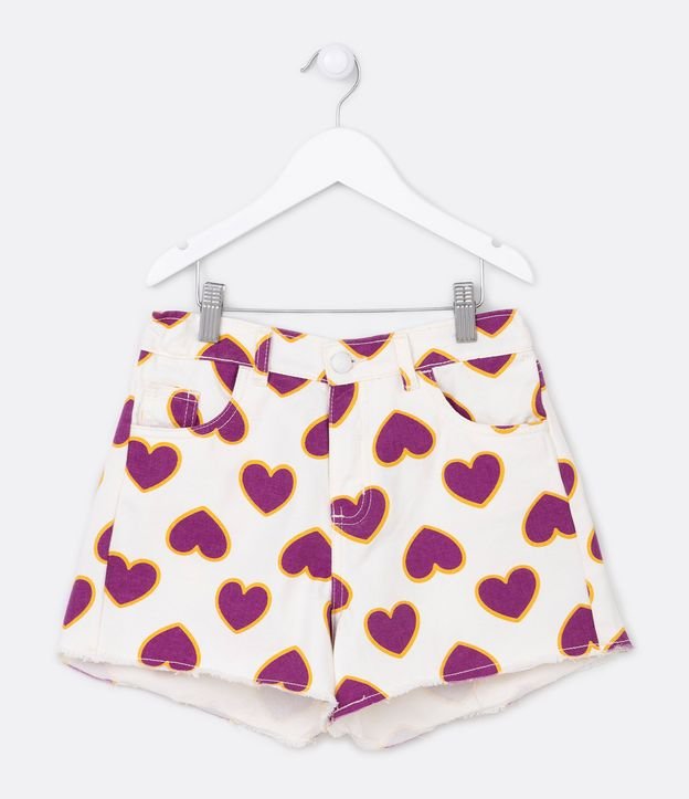 Short Infantil em Sarja com Estampa de Corações - Tam 5 a 14 Anos
