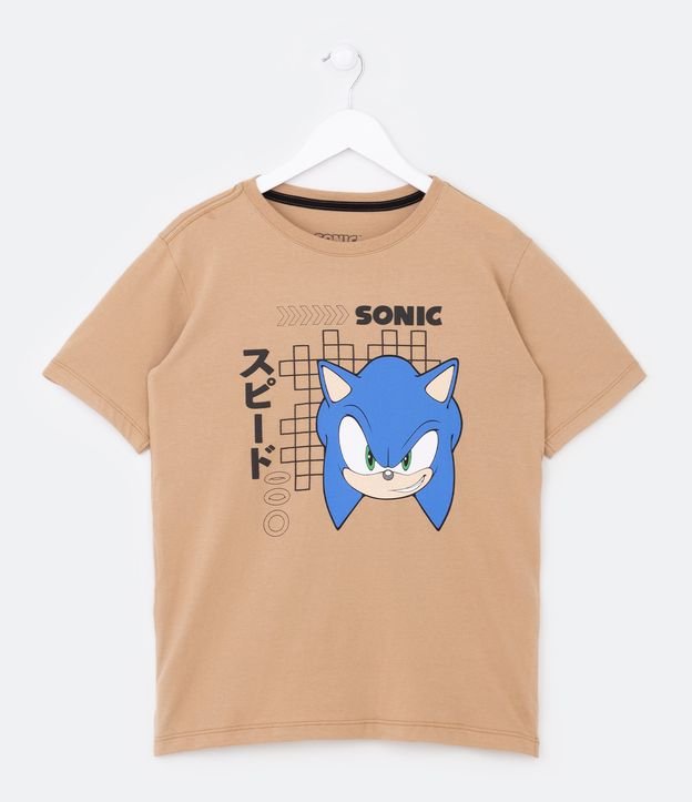 Camiseta Infantil com Estampa Sonic - Tam 4 a 12 Anos Bege