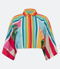 Camisa Curta em Viscose com Manga 3/4 Listrada e com Estampa Lateral
