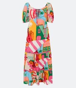 Vestido Longo Manga Curta em Viscose com Estampa Artística