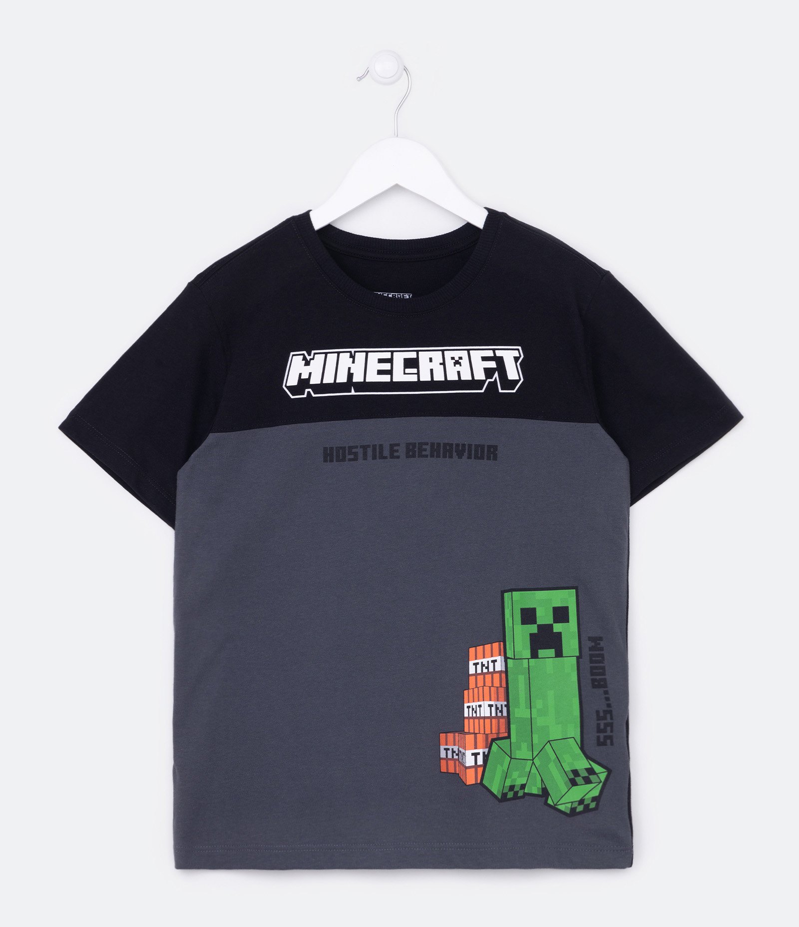 Camiseta Infantil com Recorte Bloco de Cor e Estampa Minecraft - Tam 5 a 14 Anos Cinza 1