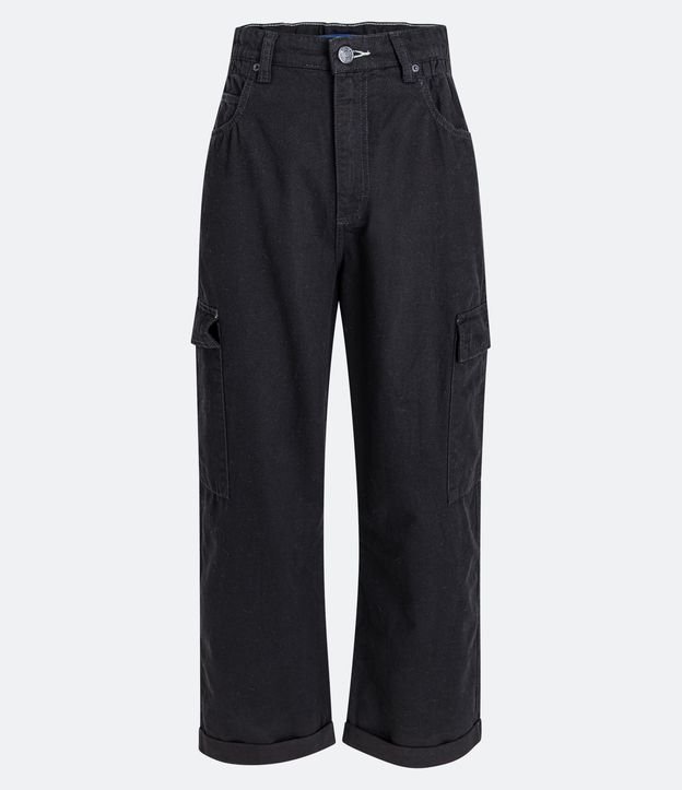 Calça Reta Cintura Alta em Jeans com Bolsos Cargo Preto 5