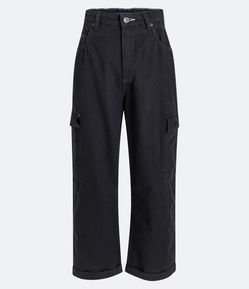 Calça Reta Cintura Alta em Sarja com Bolsos Cargo