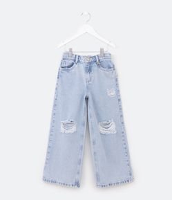 Calça Wide Leg com Rasgos nos Joelhos e Corrente no Bolso - Tam 5 a 14 Anos