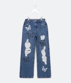 Calça Reta Infantil em Jeans com Rasgos e Estampa de Borboletas - Tam 5 a 14 Anos