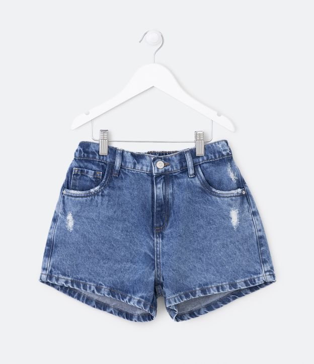 Shortinho Jeans Infantil com Cintura Alta e Puídos - Tam 5 a 14 anos Azul 1