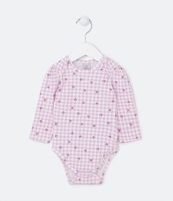 Body Infantil Xadrez Vichy e Estampa de Moranguinhos - Tam 0 a 18 meses