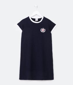 Vestido Infantil Canelado com Brasão Bordado - Tam 5 a 14 Anos