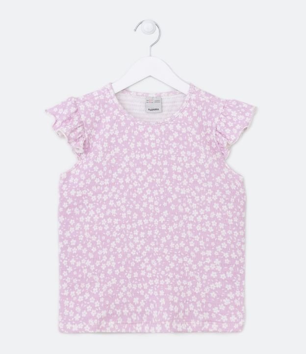 Blusa Infantil com Textura Babadinho nas Mangas e Estampa de Florzinhas - Tam 5 a 14 Anos - Cor: Lilás - Tamanho: 7-8