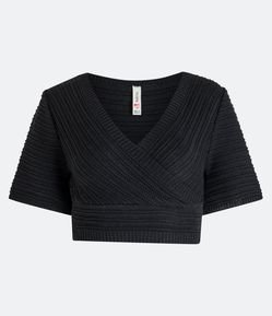 Blusa Cropped em Tricô Texturizado com Decote V Transpassado