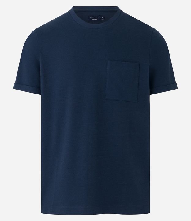 Camiseta Regular em Meia Malha com Bolso Frontal e Textura Azul Marinho 6