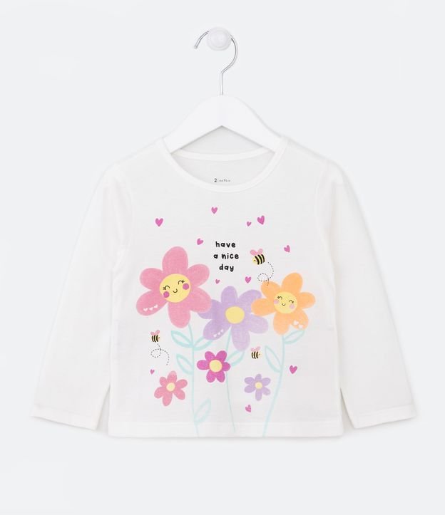 Blusa Infantil com Estampa de Flores com Lettering e Abelhinha - Tam 1 a 5 Anos Branco 1