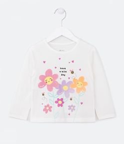 Blusa Infantil com Estampa de Flores com Lettering e Abelhinha - Tam 1 a 5 Anos