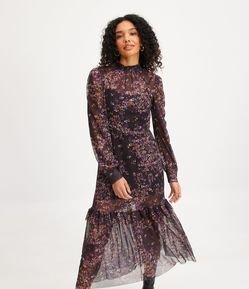 Vestido Midi em Tule com Golinha Alta e Estampa Floral