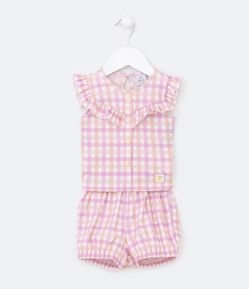 Conjunto Infantil Canelado com Estampa Xadrez Vichy - Tam 0 a 18 meses