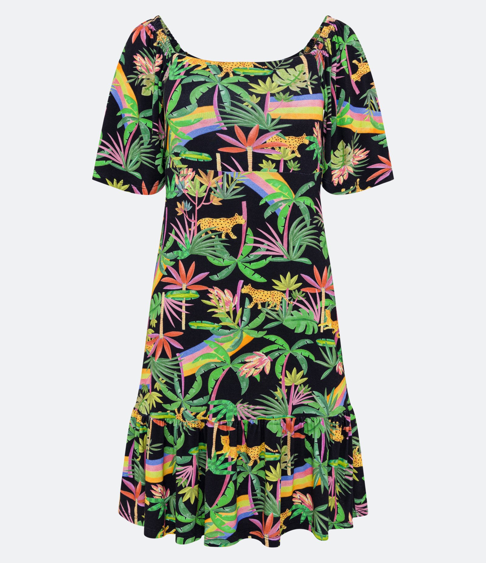 Vestido em Viscose com Manga Franzida e Estampa Tropical Multicores 1