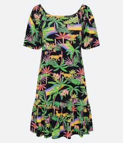 Vestido em Viscose com Manga Franzida e Estampa Tropical