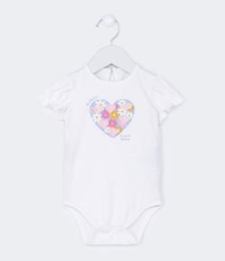Body Infantil com Estampa de Coração e Flores em Organza - Tam 0 a 18 meses