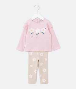 Conjunto Infantil com Textura de Listrinhas e Estampa de Florzinhas - Tam 0 a 18 meses