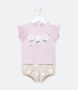 Conjunto Infantil com Textura de Listrinhas e Estampa de Florzinhas - Tam 0 a 18 meses