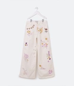 Calça Wide Leg em Sarja com Silks Floral - Tam 5 a 14 Anos
