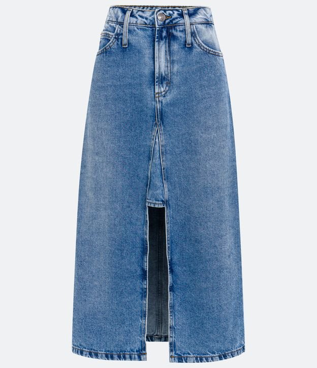 Saia Midi Jeans com Bolsos e Fenda Frontal Azul 5