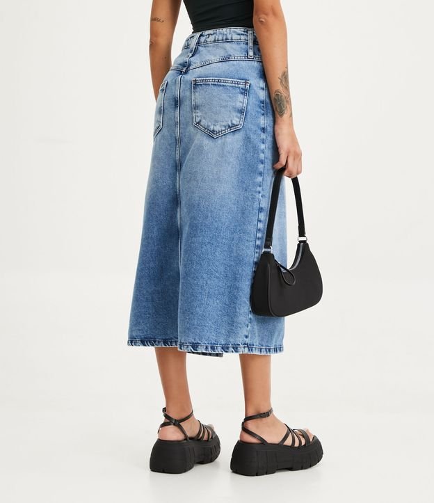 Saia Midi Jeans com Bolsos e Fenda Frontal Azul 3