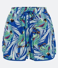 Short Runner em Linho com Cordão e Estampa de Araras